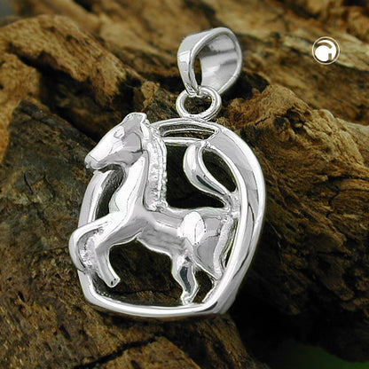 Pendant 16x12mm horse in horseshoe shiny silver 925