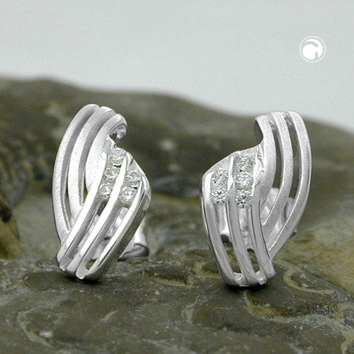 Stud earrings 10x6mm striped with zirconias matt-shiny silver 925