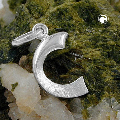 Pendant 15x8mm letter C partially matte shiny silver 925