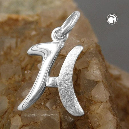 Pendant 15x11mm letter H partially matte shiny silver 925