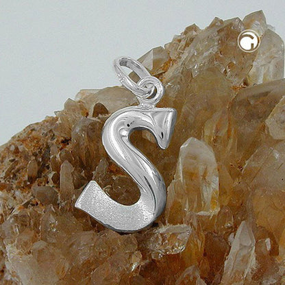 Pendant 15x9mm letter S partially matte shiny silver 925