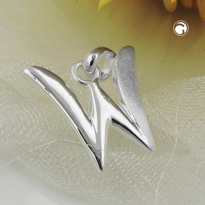 Pendant 15x14mm letter W partially matte shiny silver 925