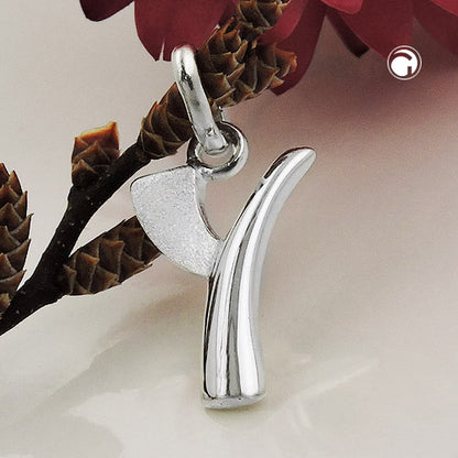 Pendant 15x9mm letter Y partially matte shiny silver 925