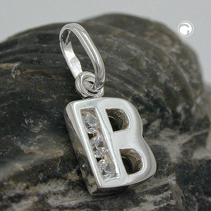 Pendant 8x7mm letter B shiny with zirconias silver 925