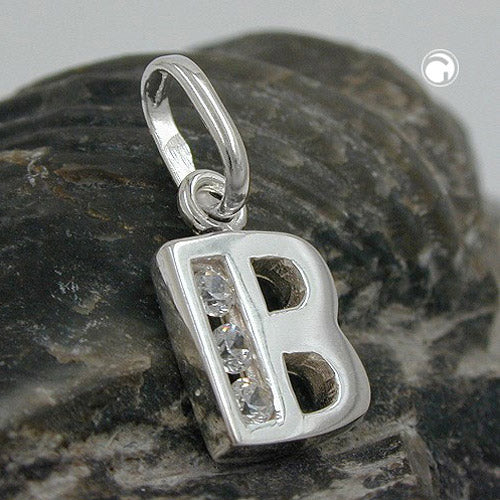 Pendant 8x7mm letter B shiny with zirconias silver 925
