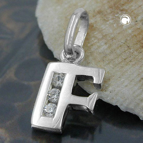 Pendant 8x7mm letter F shiny with zirconia silver 925