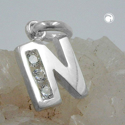Pendant 8x7mm letter N shiny with zirconias silver 925