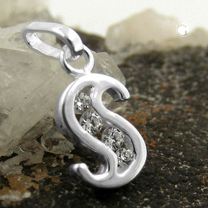 Pendant 8x6mm letter S shiny with zirconias silver 925