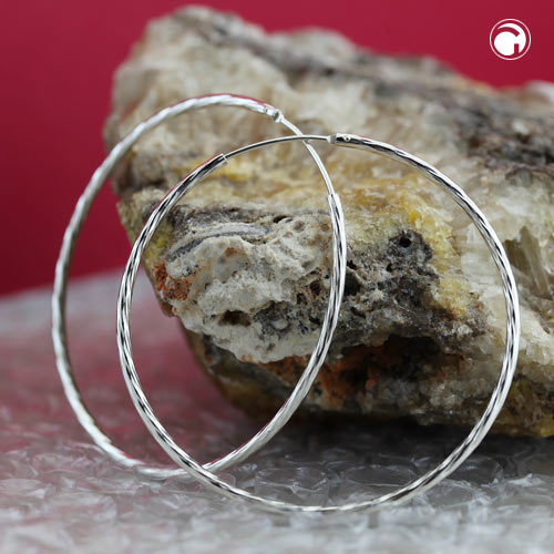Hoop earrings 50mm wire hoops with plug closure diamond-cut silver 925