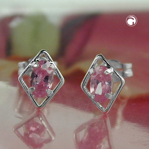 Stud earrings 8x6mm rhombus with zirconia pink silver 925