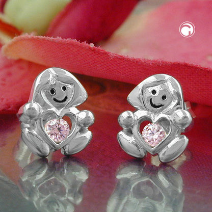 Stud earrings 9.5x8mm children's earrings girls with heart zirconia pink shiny silver 925