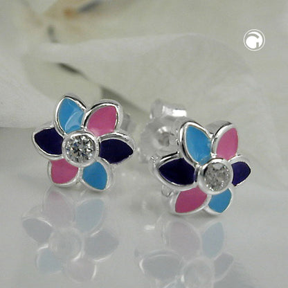 Stud earring 7.6mm children's earring flower zirconia colored lacquered silver 925