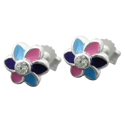 Stud earring 7.6mm children's earring flower zirconia colored lacquered silver 925