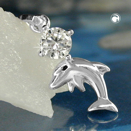 Pendant 16x8mm dolphin with zirconia shiny silver 925