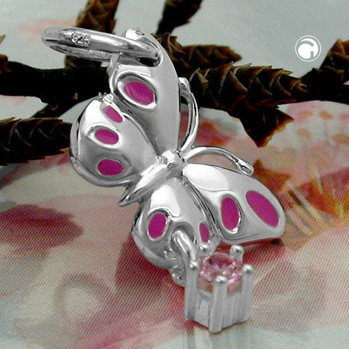 Pendant 18x8mm butterfly with zirconia pink silver 925