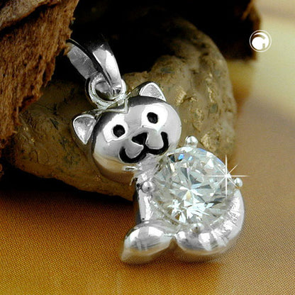 Pendant 15x10mm cat with zirconia shiny silver 925