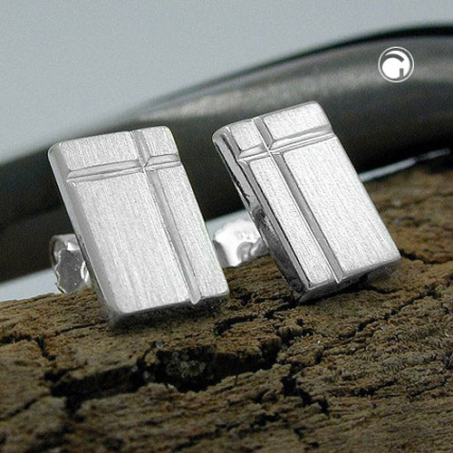 Stud earring 8x6mm square with cross matt diamond-cut silver 925