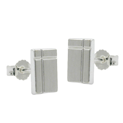 Stud earring 8x6mm square with cross matt diamond-cut silver 925