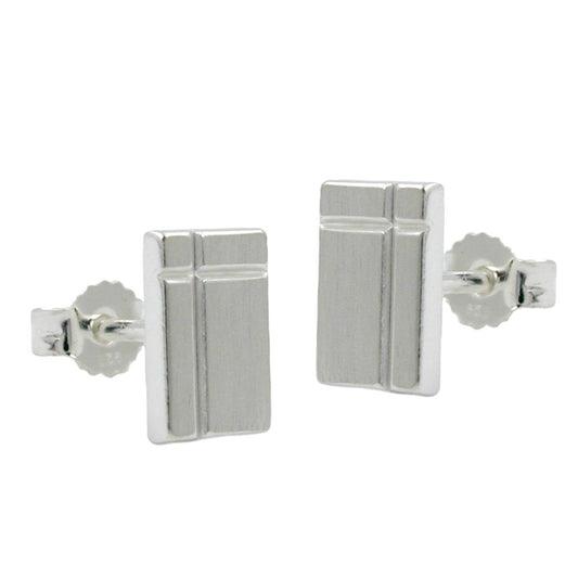 Stud earring 8x6mm square with cross matt diamond-cut silver 925