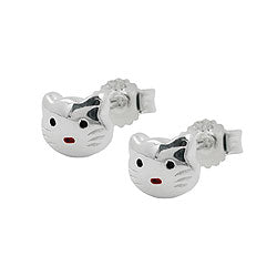 Stud earring 5x6mm children's earring cat head red-black painted shiny silver 925