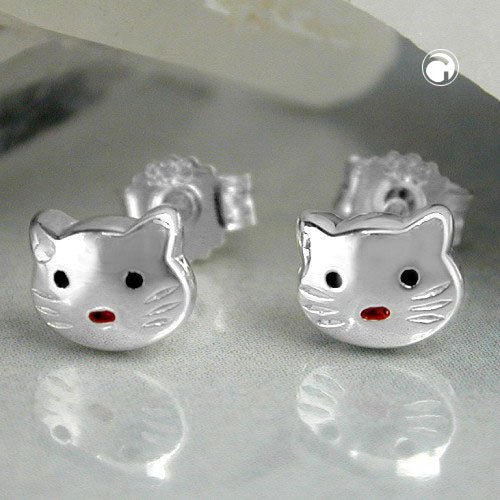 Stud earring 5x6mm children's earring cat head red-black painted shiny silver 925