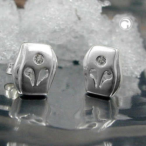 Stud earrings 9x8mm matt shiny with zirconia silver 925