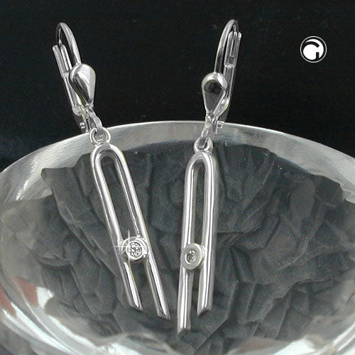 Ear leverback earrings 37x4mm with zirconia narrow shiny silver 925