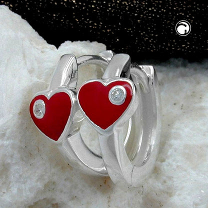 Hoop earrings 13x2mm heart red with zirconia silver 925