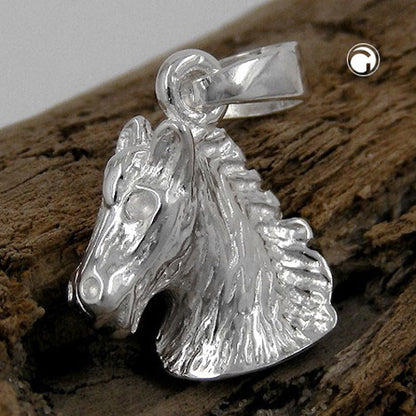 Pendant 12x15mm horse head shiny solid silver 925