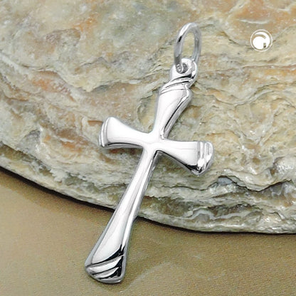 Pendant 22x13mm cross shiny grooved silver 925