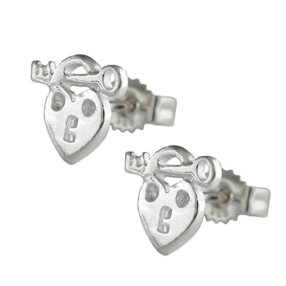 Stud earrings 9x8mm heart lock and key with zirconia shiny silver 925