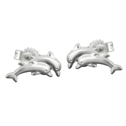 Stud earrings 11x5mm dolphin pair matt-shiny silver 925