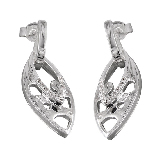 Stud earrings 30x12mm double pendant shiny with zirconias silver 925