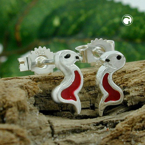 Stud earring 10x4mm children's earring snake red-black silver 925