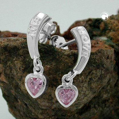 Stud earrings 20x5mm with heart zirconia pink and lettering LOVE ME silver 925