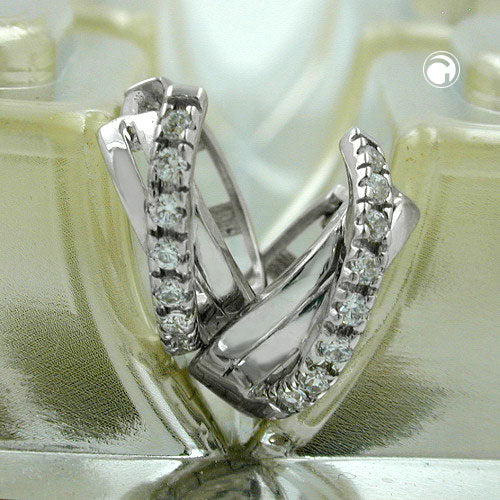 Hoop earrings 12.5x5mm with crossed zirconias, rhodium-plated, silver 925