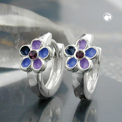 Hoop earrings 11x6.5mm flower purple lacquered silver 925