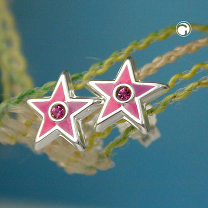 Stud earring 8x8mm children's earring star pink lacquered with glass stone pink silver 925