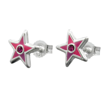 Stud earring 8x8mm children's earring star pink lacquered with glass stone pink silver 925