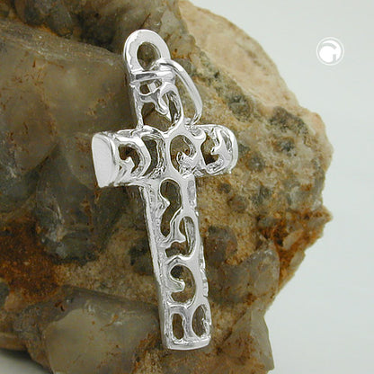 Pendant 28x14mm cross filigree openwork shiny silver 925