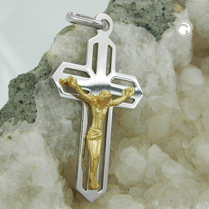 Pendant 38x23mm Cross Jesus bicolor shiny silver 925