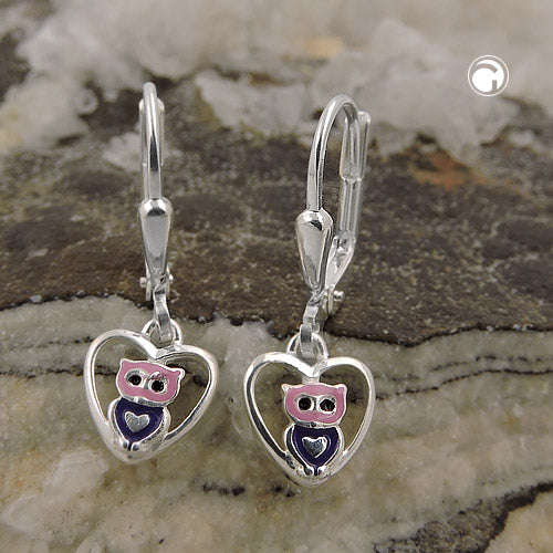 Ear stud earrings 20x8mm small owl in heart pink purple black lacquered silver 925