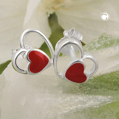 Stud earring 8mm children's earring heart red lacquered in the heart shiny silver 925