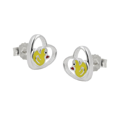 Stud earring 8mm children's earring small duck in the heart colored lacquered silver 925