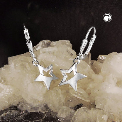 Ear stud earrings 25x10mm star partially matte with zirconias silver 925