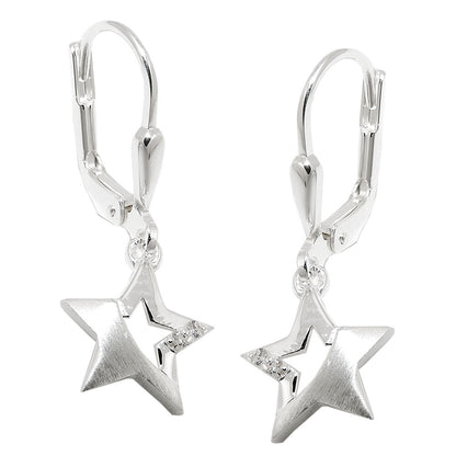 Ear stud earrings 25x10mm star partially matte with zirconias silver 925