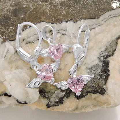 Set 13x8mm pendant and earrings heart zirconia pink with wings silver 925