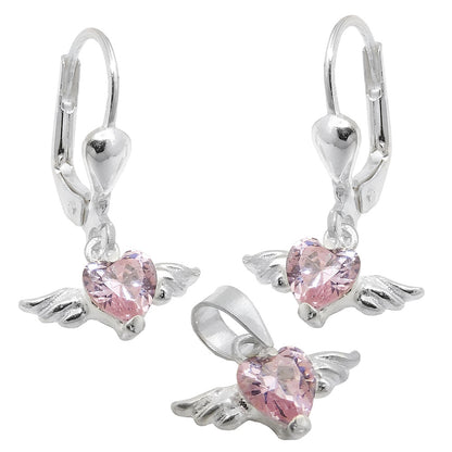 Set 13x8mm pendant and earrings heart zirconia pink with wings silver 925