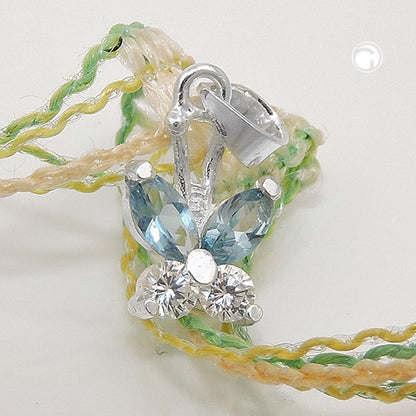 Pendant 11x9mm butterfly zirconia white and synthetic aquamarine silver 925