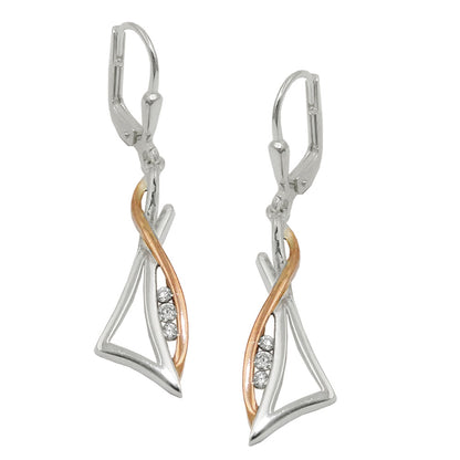 Ear clip earrings 40x9mm triangle with zirconias bicolor rose gold plated silver 925